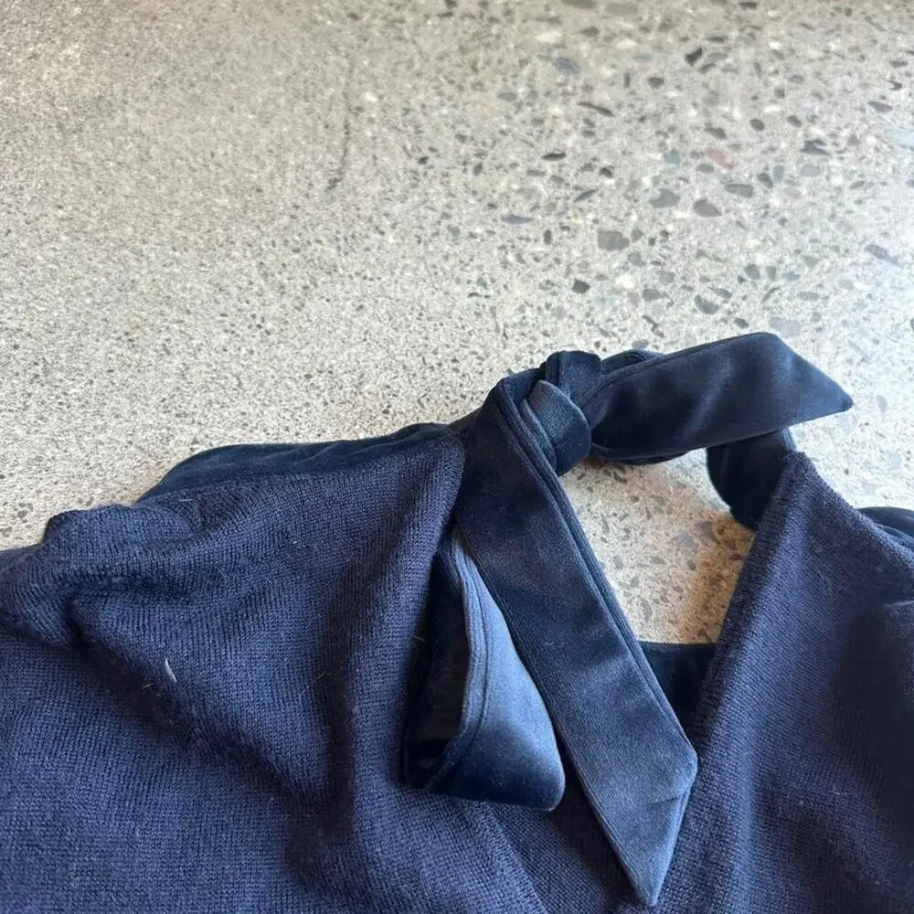 Boden women’s 8 sweater navy wool blue tie velvet neck in the back sweater
